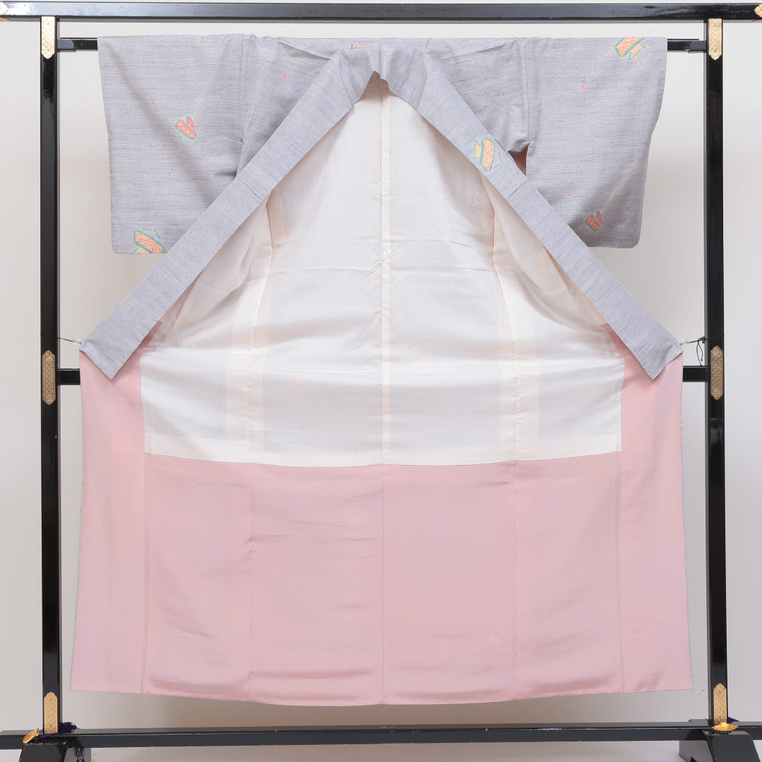 紬 袷 身丈155cm 裄丈64cm 正絹 Cランク カジュアル 広衿 Mサイズ 創作柄 グレー系 HP 1223-02561