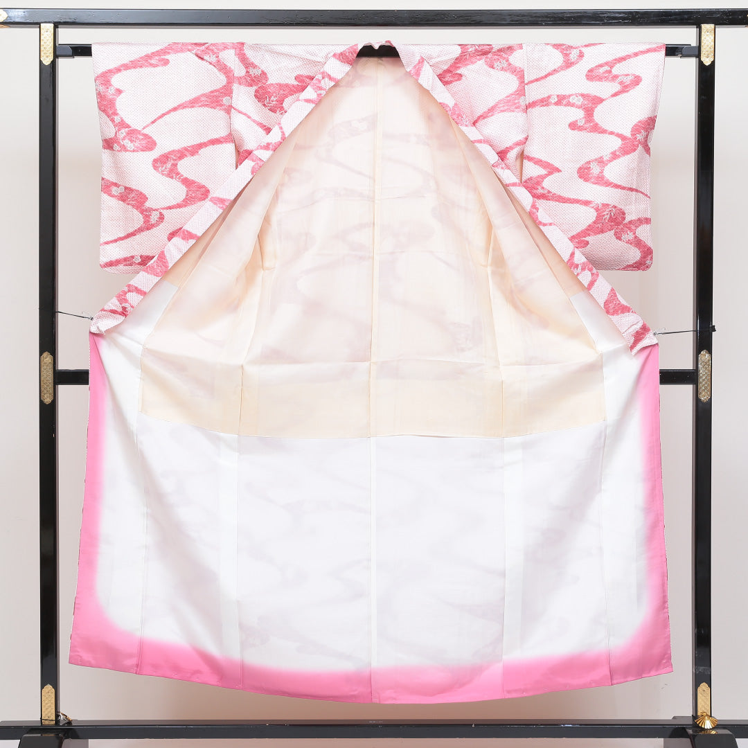 洗える着物 小紋 袷 身丈150cm 裄丈65cm ポリエステル Bランク インフォーマル バチ衿 Sサイズ しつけ糸 流水 白系 RP 1221-00457