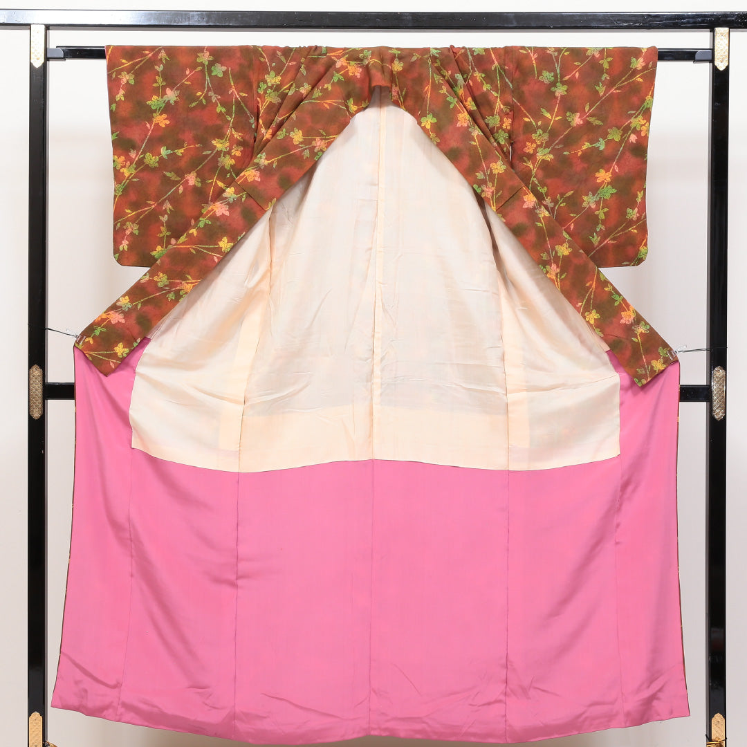 小紋 袷 身丈152cm 裄丈64cm 正絹 Bランク インフォーマル 広衿 Sサイズ 花柄 茶系 HP 1221-00430