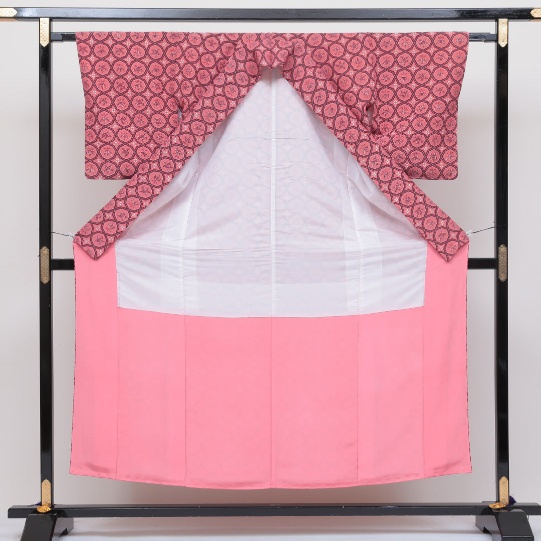 小紋 袷 身丈152cm 裄丈64cm 正絹 Sランク インフォーマル 広衿 Sサイズ 花菱亀甲 ピンク系 RP 1221-00213