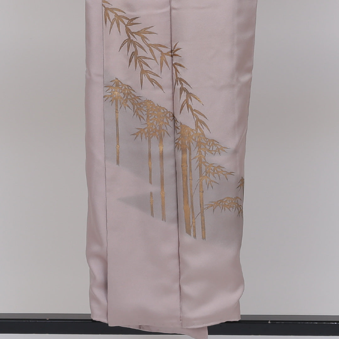 訪問着 袷 身丈150cm 裄丈62cm 正絹 Sランク セミフォーマル 広衿 Sサイズ 金箔 刺繍 笹 竹 ピンク系 RP 1217-04055