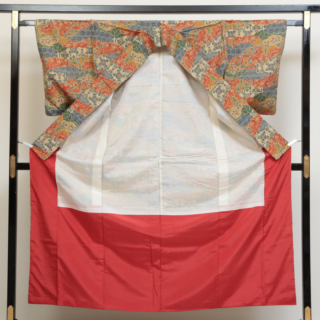 小紋 袷 身丈155cm 裄丈64cm 正絹 Sランク Mサイズ 広衿 インフォーマル 小紋 吉祥文様 花柄 植物柄 朱系 1215-02686