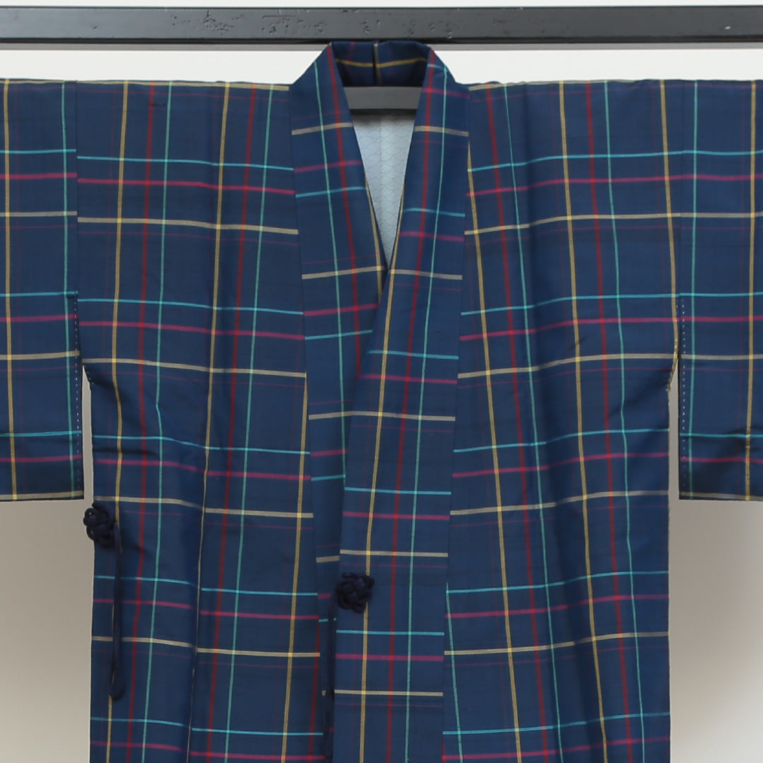 道中着(紬) 袷 身丈76cm 裄丈64cm 正絹 Bランク Mサイズ カジュアル 格子 青系 1264-05472