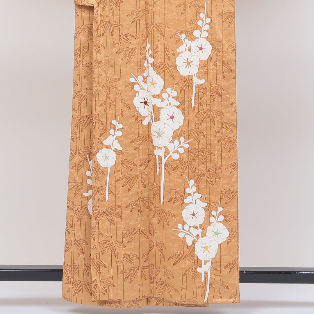 訪問着 袷 身丈158cm 裄丈63cm 正絹 Sランク Mサイズ 広衿 セミフォーマル 紋意匠 笹 菊 竹 金駒刺繍 金系 1212-04082