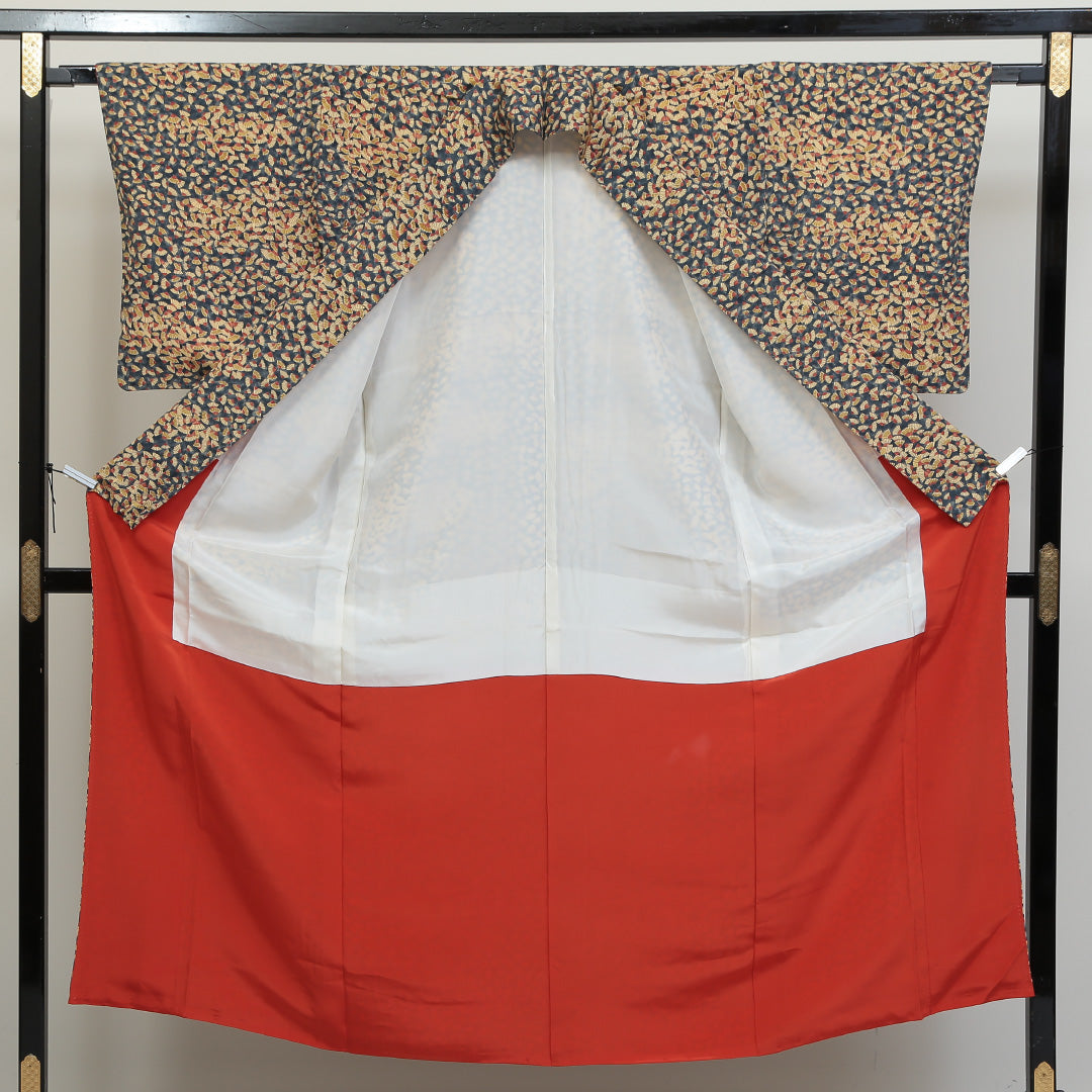 小紋 袷 身丈148cm 裄丈65cm 正絹 Sランク インフォーマル 広衿 XSサイズ 扇 紺系 RP 1221-00781