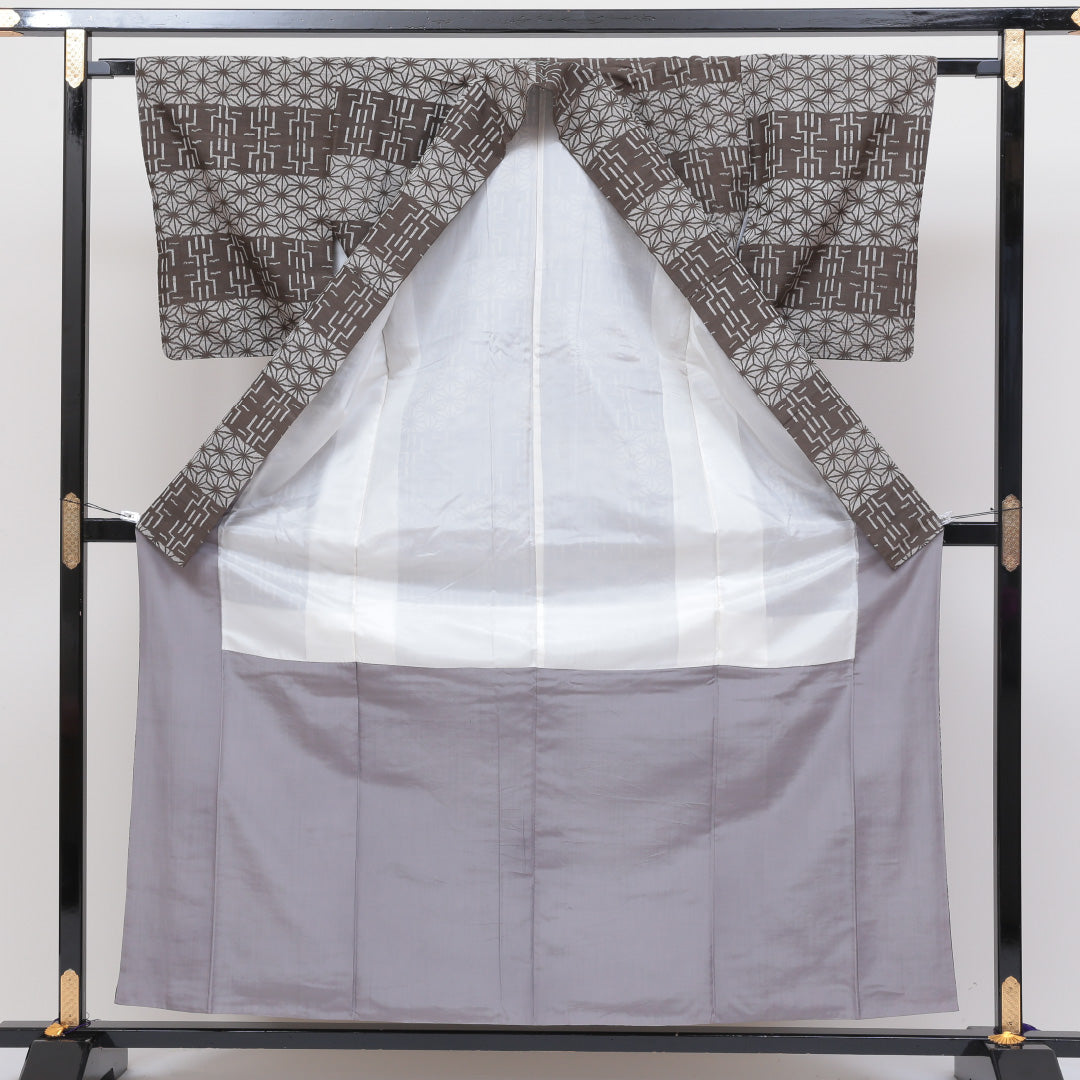 紬 袷 身丈159cm 裄丈63cm 正絹 Aランク カジュアル 広衿 Mサイズ 麻の葉 茶系 HP 1223-02569