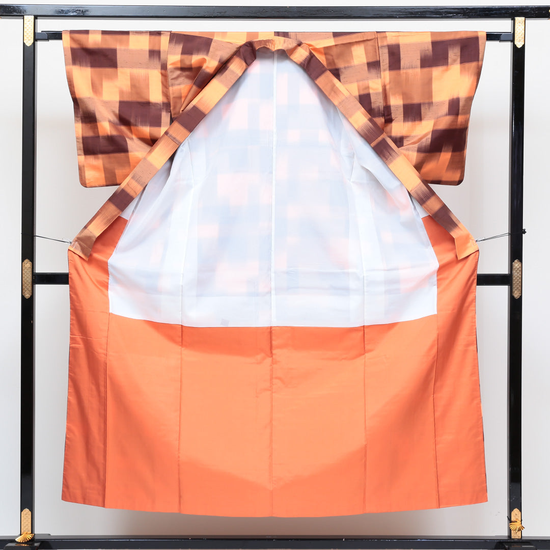 アンサンブル 紬 袷 身丈152cm 裄丈64cm 正絹 Aランク カジュアル バチ衿 Sサイズ 創作柄 黒系 HP 1223-02619