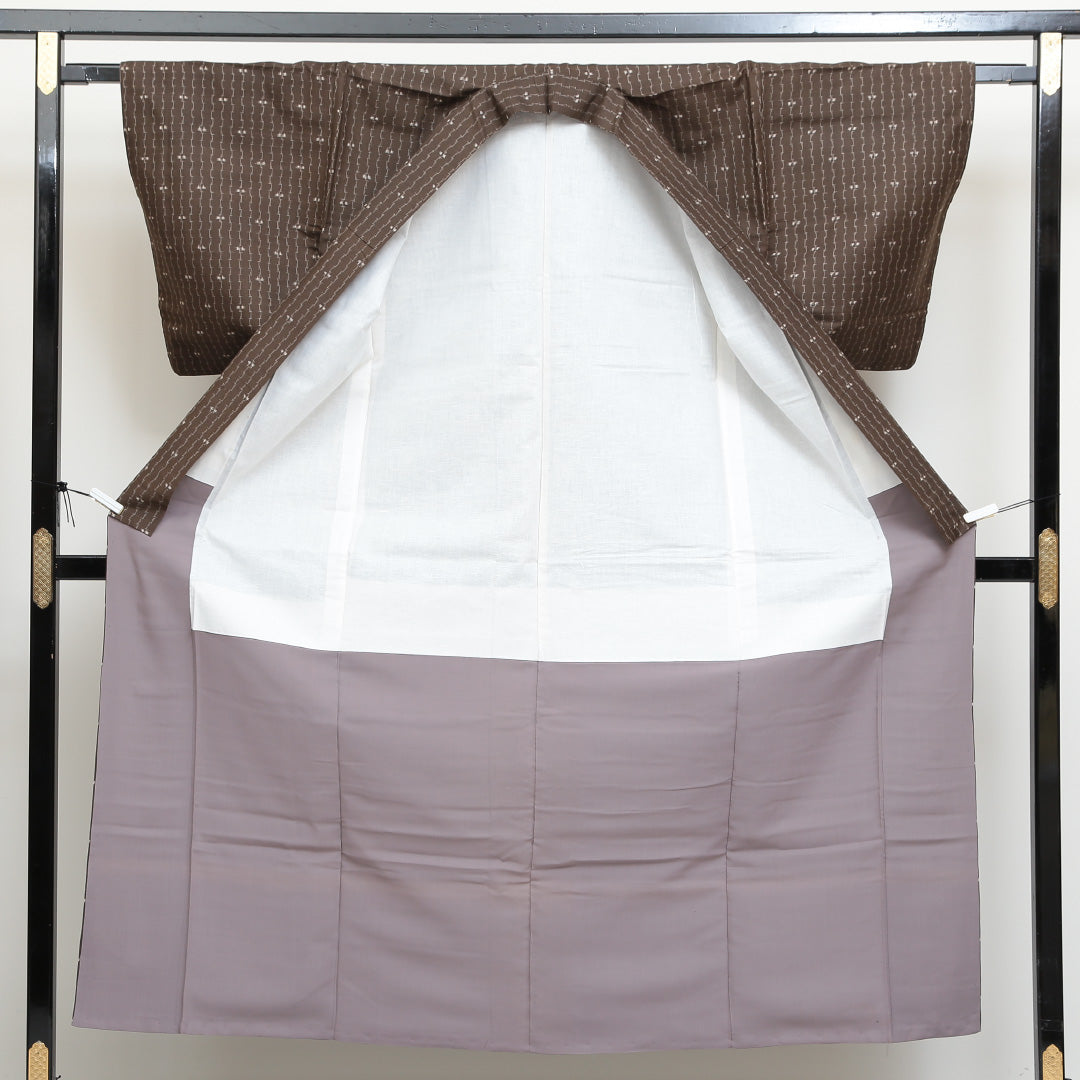 紬 袷 身丈151cm 裄丈64cm 正絹 Aランク カジュアル 広衿 Sサイズ 創作柄 茶系 HP 1223-02667