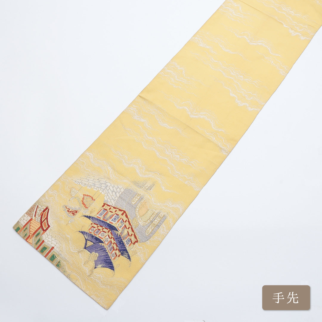 アンティーク 本袋帯 帯丈424cm 全通 楼閣 フォーマル 黄系 正絹 Bランク 1223-00283