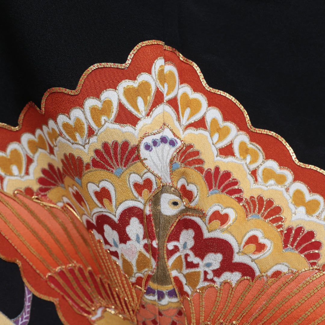 黒留袖 五つ紋 五三桐 身丈164cm 裄丈64.5cm Aランク 正絹 袷 広衿 L 金駒刺繍 孔雀 吉祥文様 熨斗 フォーマル 黒系 1211-F0147