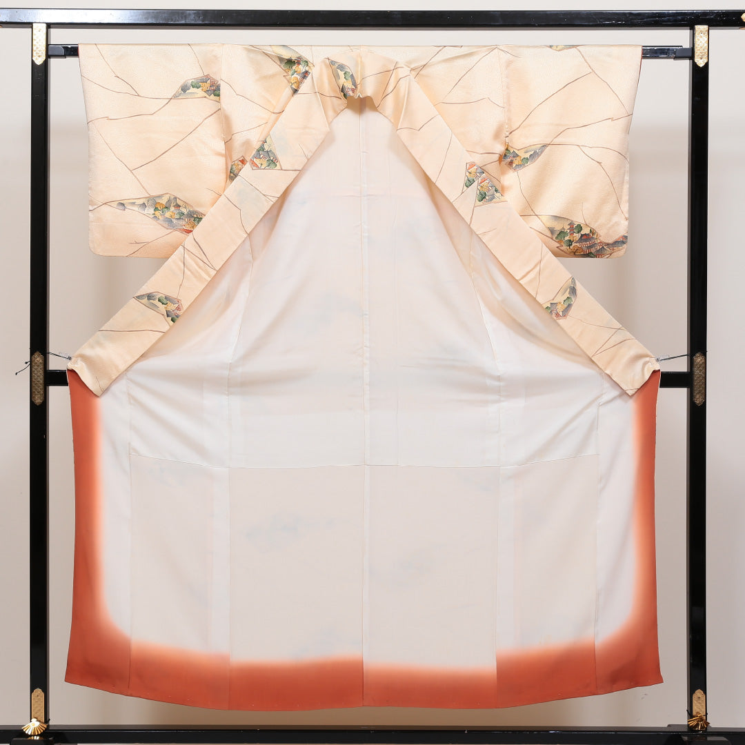 小紋 袷 身丈152cm 裄丈62cm 正絹 Sランク インフォーマル 広衿 Sサイズ 風景柄 クリーム系 RP 1221-00403