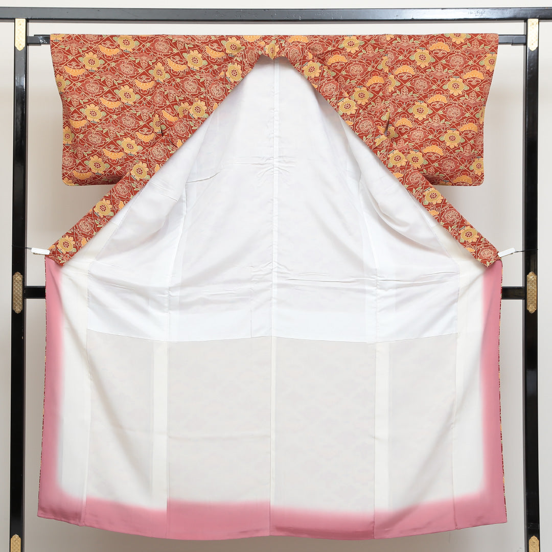 小紋 袷 身丈149cm 裄丈64cm 正絹 Sランク インフォーマル バチ衿 XSサイズ 吉祥文様 茶系 RP 1221-00693