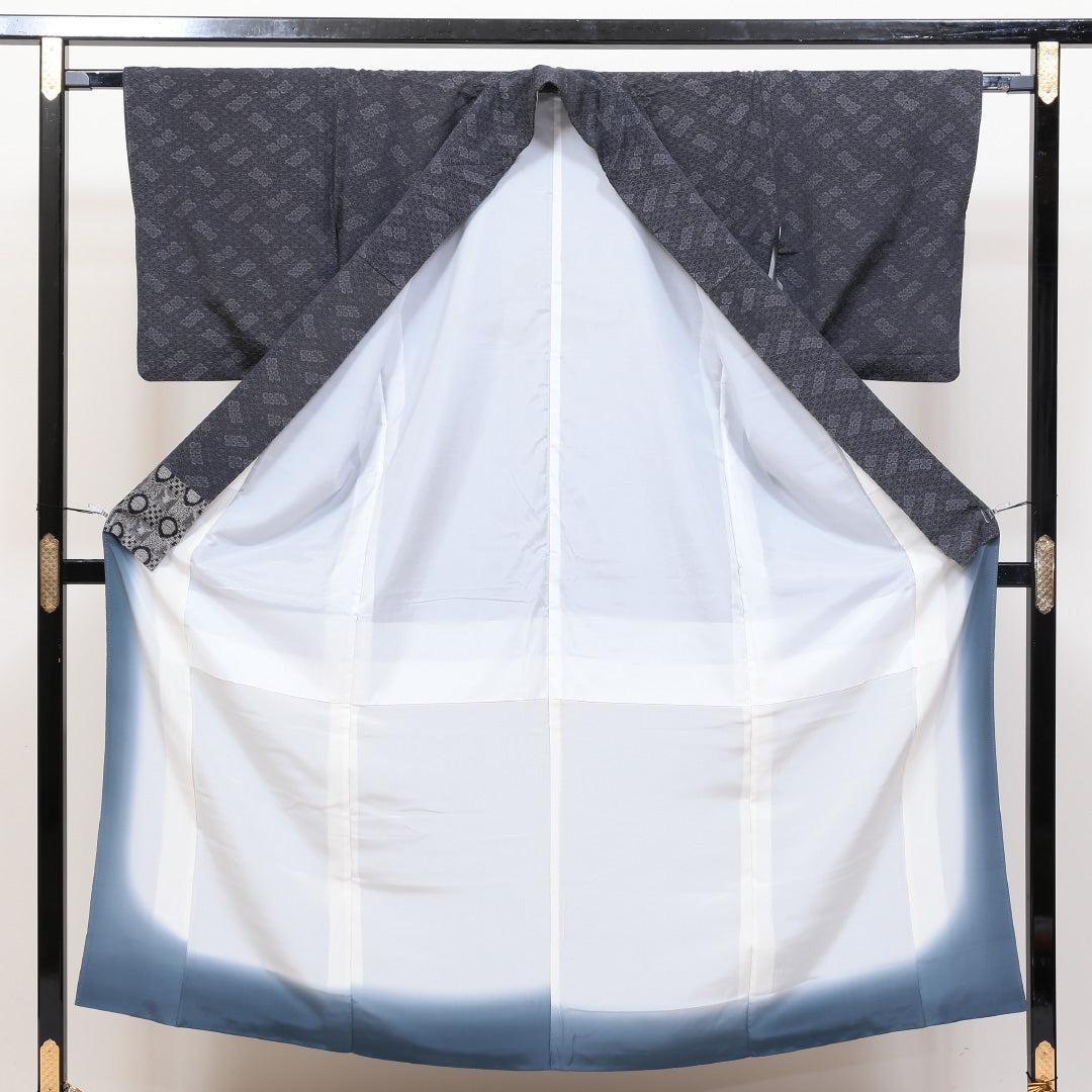 小紋 袷 身丈149cm 裄丈65cm 正絹 Bランク インフォーマル 広衿 XSサイズ 花菱 グレー系 RP 1221-00428