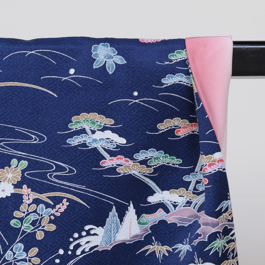 小紋 袷 身丈159cm 青系 正絹 美品 花鳥 リサイクル着物 1215231700176