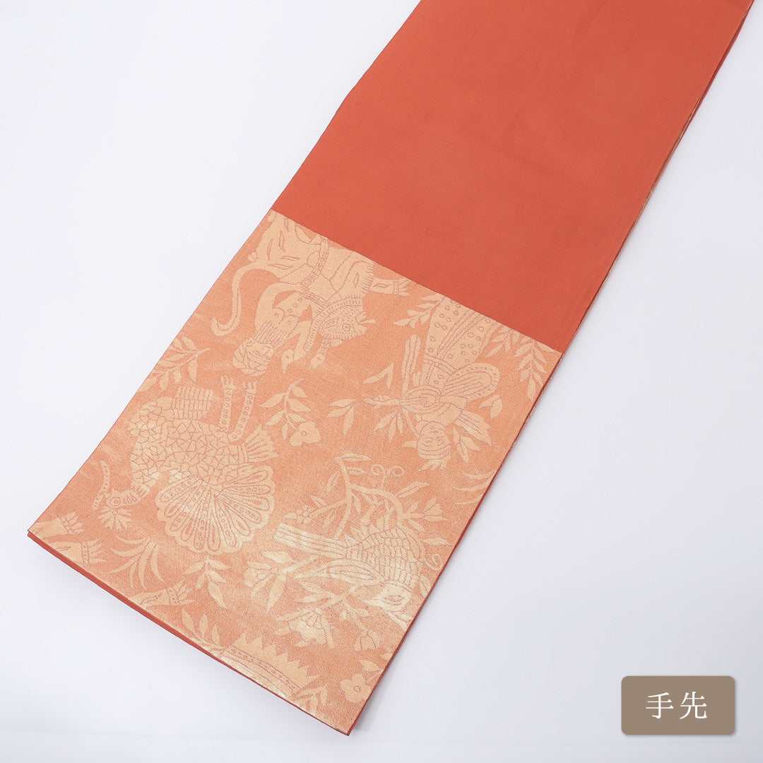 袋帯 帯丈424cm 六通 金襴 花喰鳥 オリエンタル セミフォーマル 朱系 正絹 Sランク 1223-00208