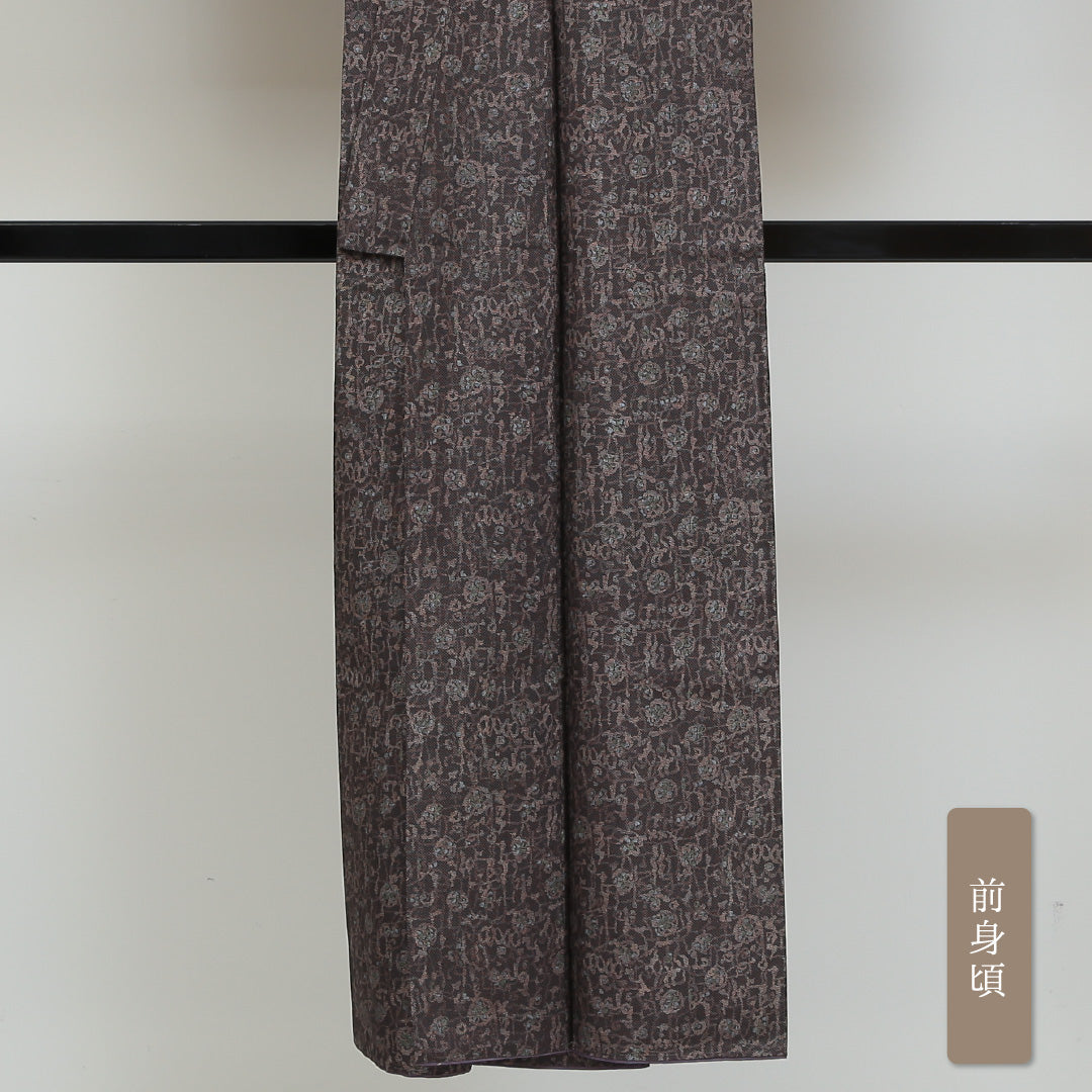 小紋 袷 身丈145cm 裄丈62cm 正絹 Sランク インフォーマル バチ衿 XSサイズ 唐草華文 茶系 RP 1221-00900