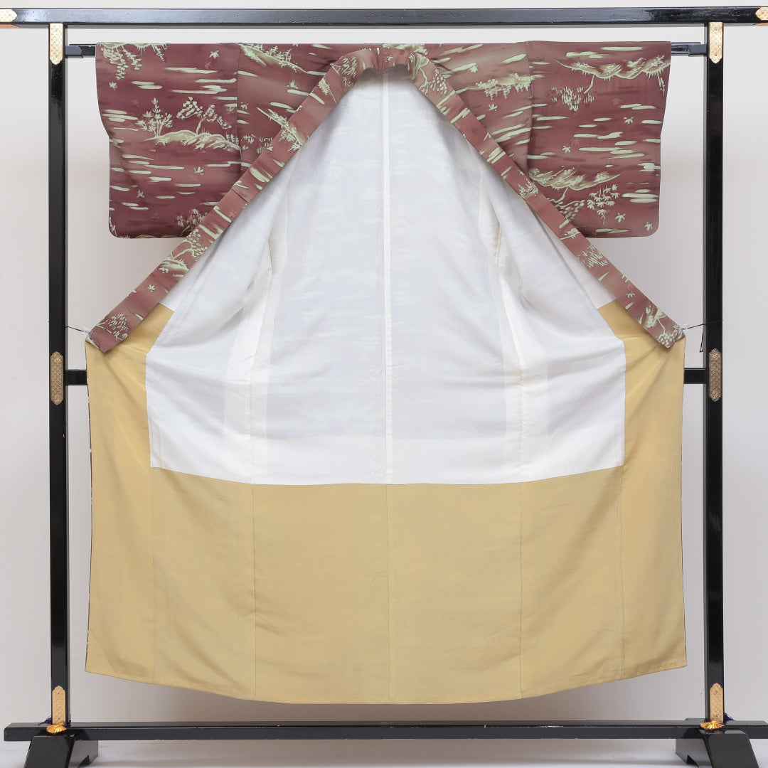 小紋 袷 身丈152cm 裄丈65cm 正絹 Aランク インフォーマル バチ衿 Sサイズ 植物柄 紫系 RP 1221-00218