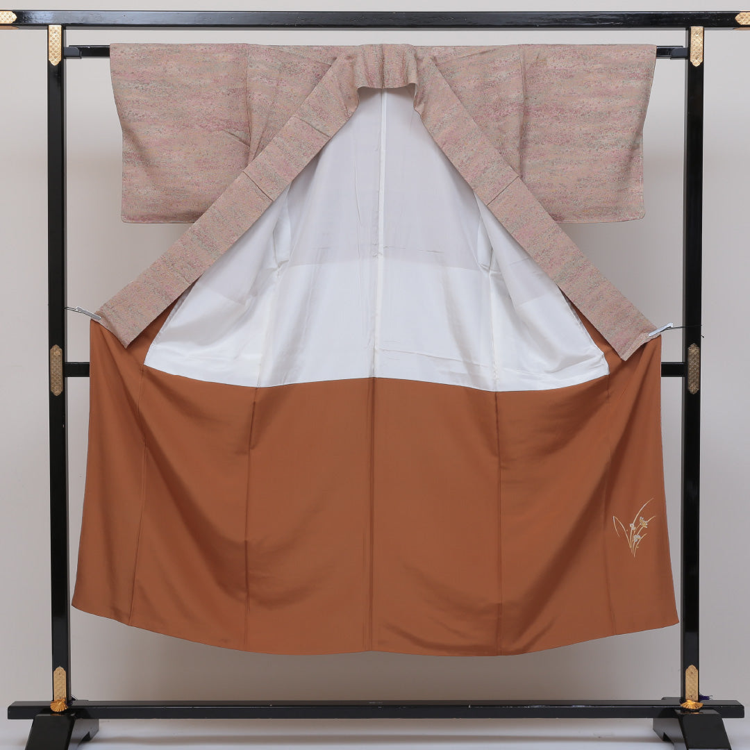 小紋 袷 身丈142cm 裄63cm 加藤唐九朗 正絹 茶系 ちりめん 落款 証紙 Sランク 1215-00182