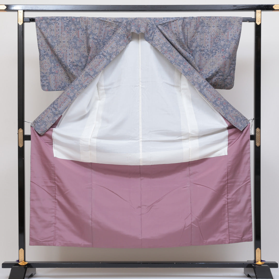 紬 袷 身丈153cm 裄丈65cm 正絹 Sランク カジュアル 広衿 Sサイズ 創作柄 グレー系 RP 1223-02545