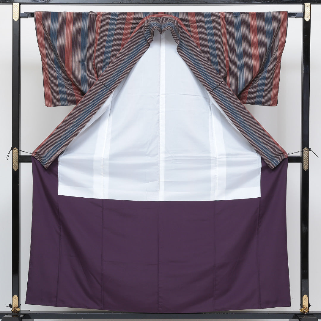 小紋 袷 身丈156cm 裄丈64cm Sランク インフォーマル 広衿 Mサイズ 縞 茶系 RP 1221-00522