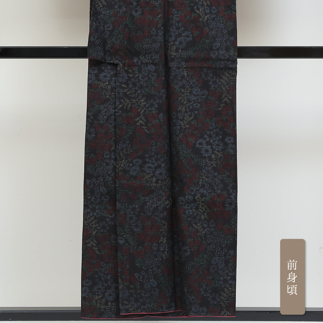 結城紬 袷 身丈151cm 裄丈63cm 正絹 Aランク カジュアル 広衿 Sサイズ 花柄 植物柄 亀甲絣 紺系 PO 1223-02761
