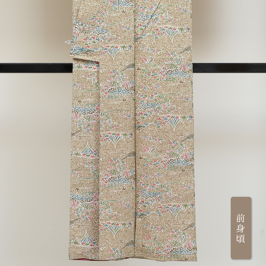 小紋 袷 身丈145cm 裄62.5cm クリーム系 流水 山 風景柄 四季草花 正絹 Aランク 通年柄 1215009023115