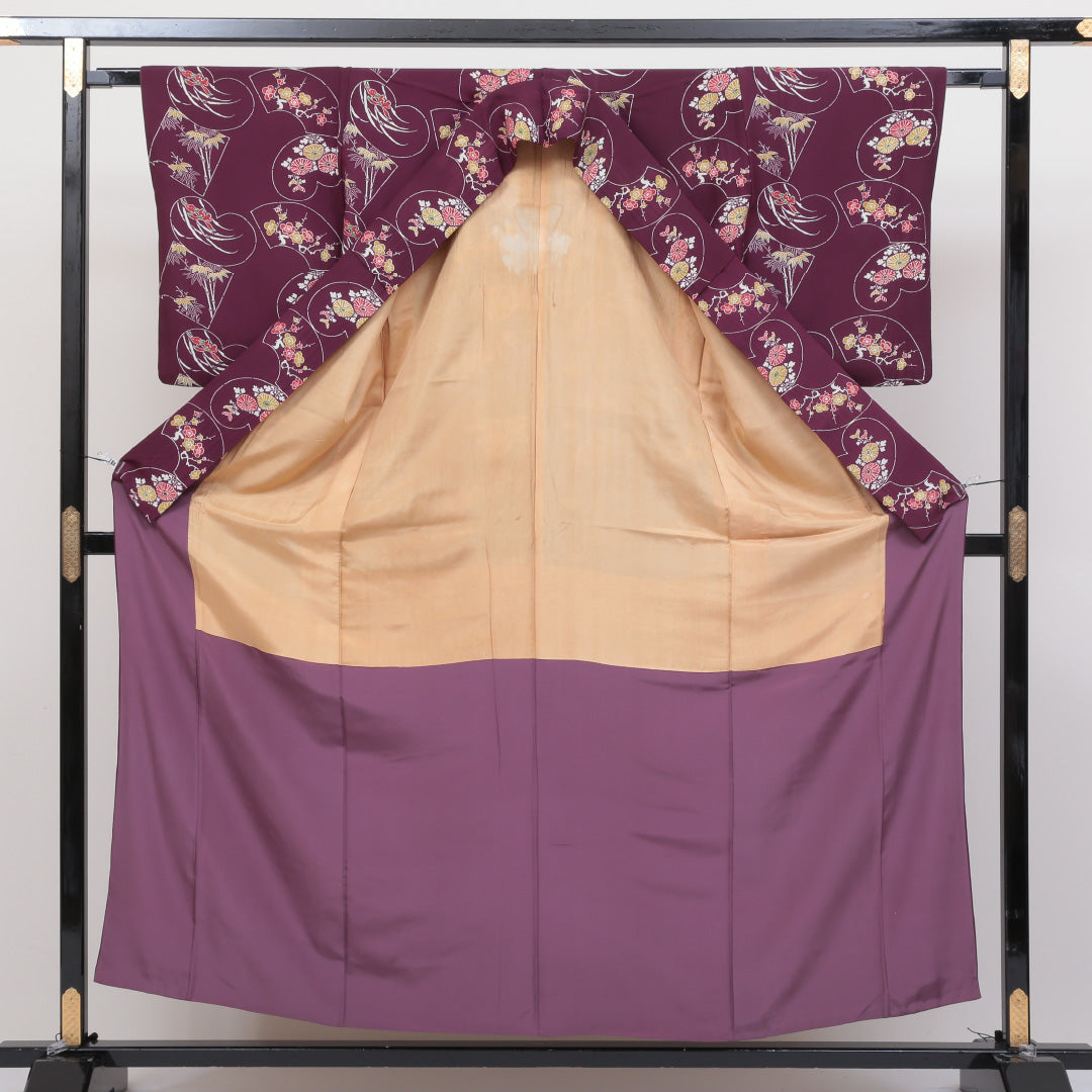 小紋 袷 身丈155cm 裄丈63cm 正絹 Cランク インフォーマル 広衿 Mサイズ 扇 菊 笹 紫系 LP 1221-00346