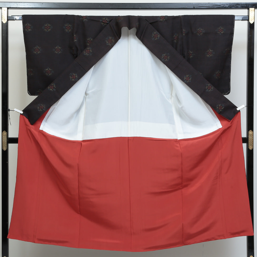 紬 袷 身丈145cm 裄丈64cm 正絹 Sランク カジュアル 広衿 XSサイズ しつけ糸 花菱 茶系 RP 1223-02731