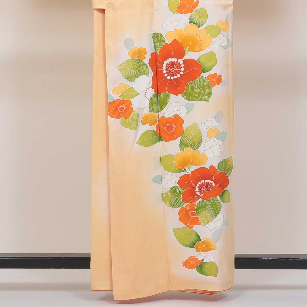 訪問着 袷 身丈159cm 裄丈35cm 正絹 Sランク Mサイズ 広衿 セミフォーマル 牡丹 クリーム系 朱系 1212-04101