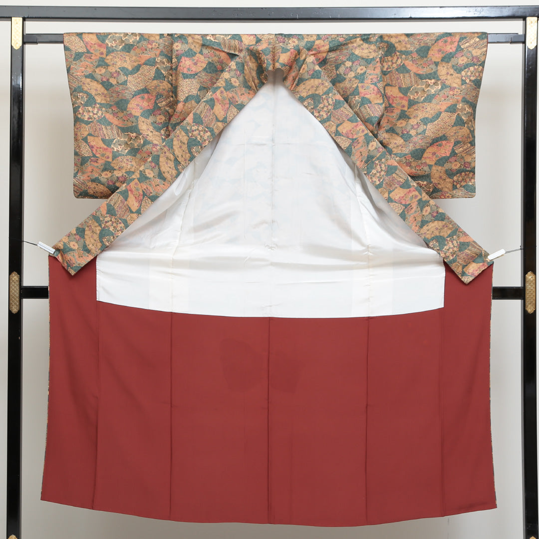 小紋 袷 身丈147cm 裄丈62cm 正絹 Sランク インフォーマル 広衿 XSサイズ 扇 吉祥文様 緑系 RP 1221-00708