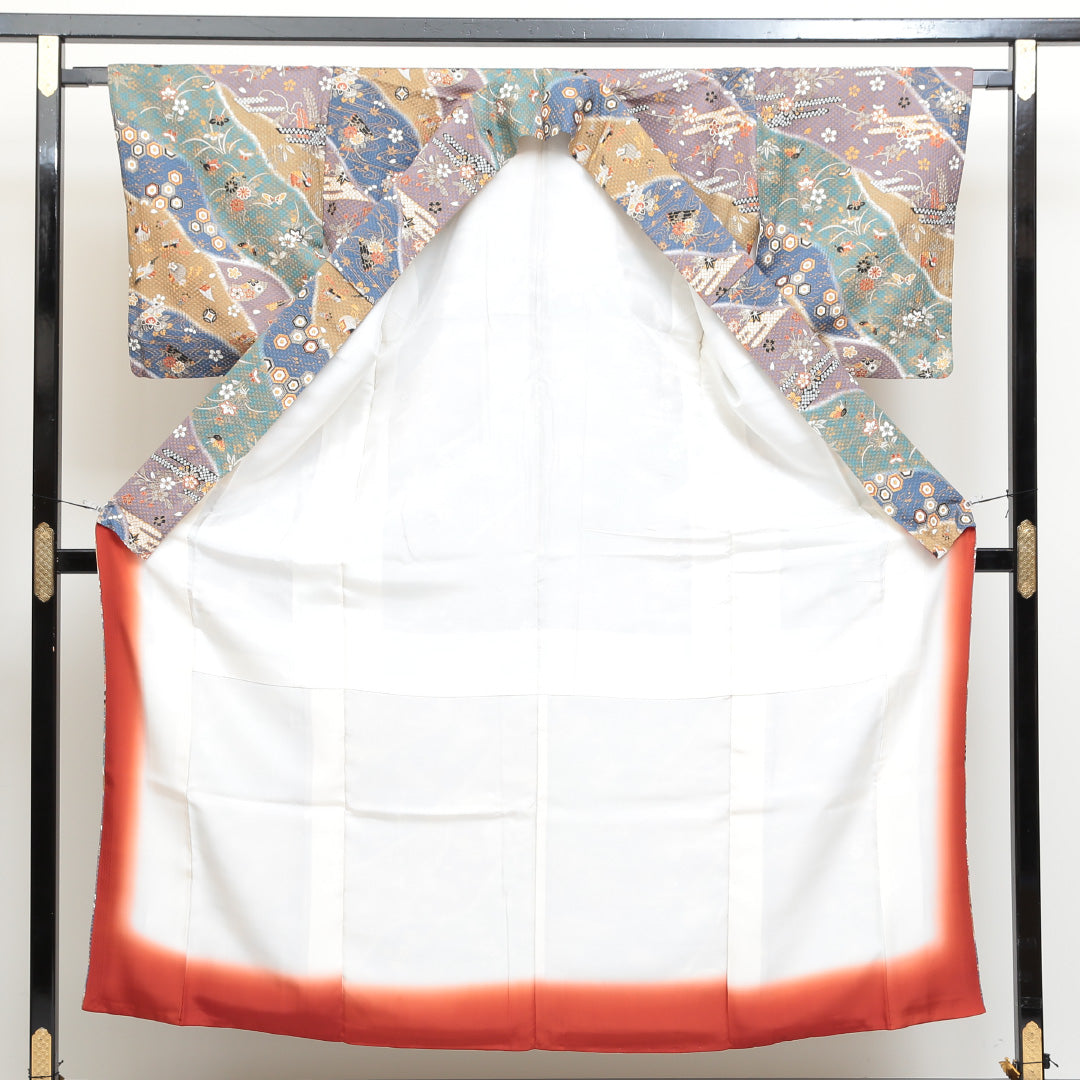 小紋 袷 身丈152cm 裄丈66cm 正絹 Sランク インフォーマル 広衿 Sサイズ ふくれ織 蝶 花柄 吉祥文様 多色系 RP 1221-00665