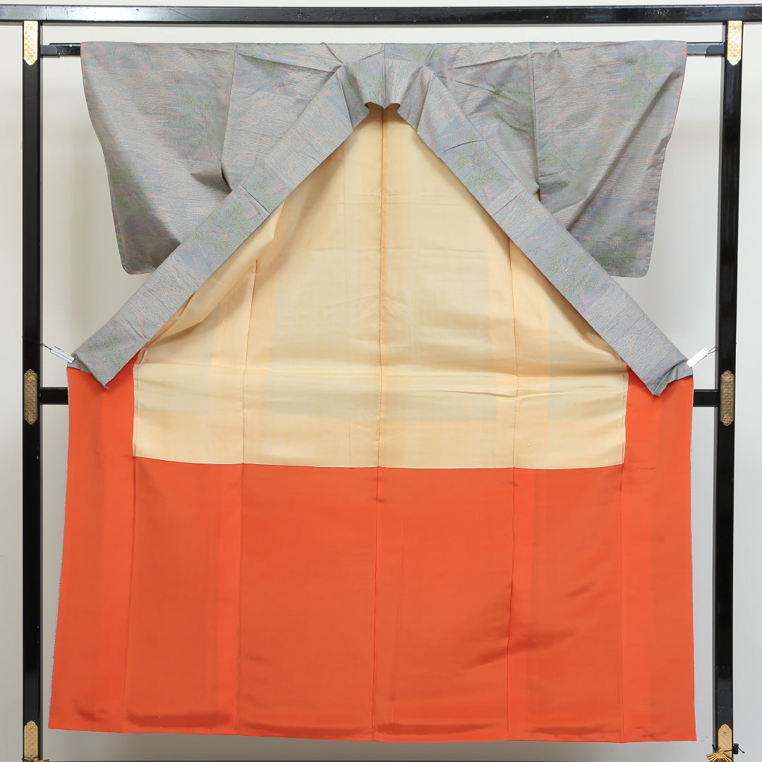 大島紬 袷 身丈159cm 裄丈65cm 正絹 Aランク インフォーマル 広衿 Mサイズ 市松 花柄 グレー系 RP 1223-02714