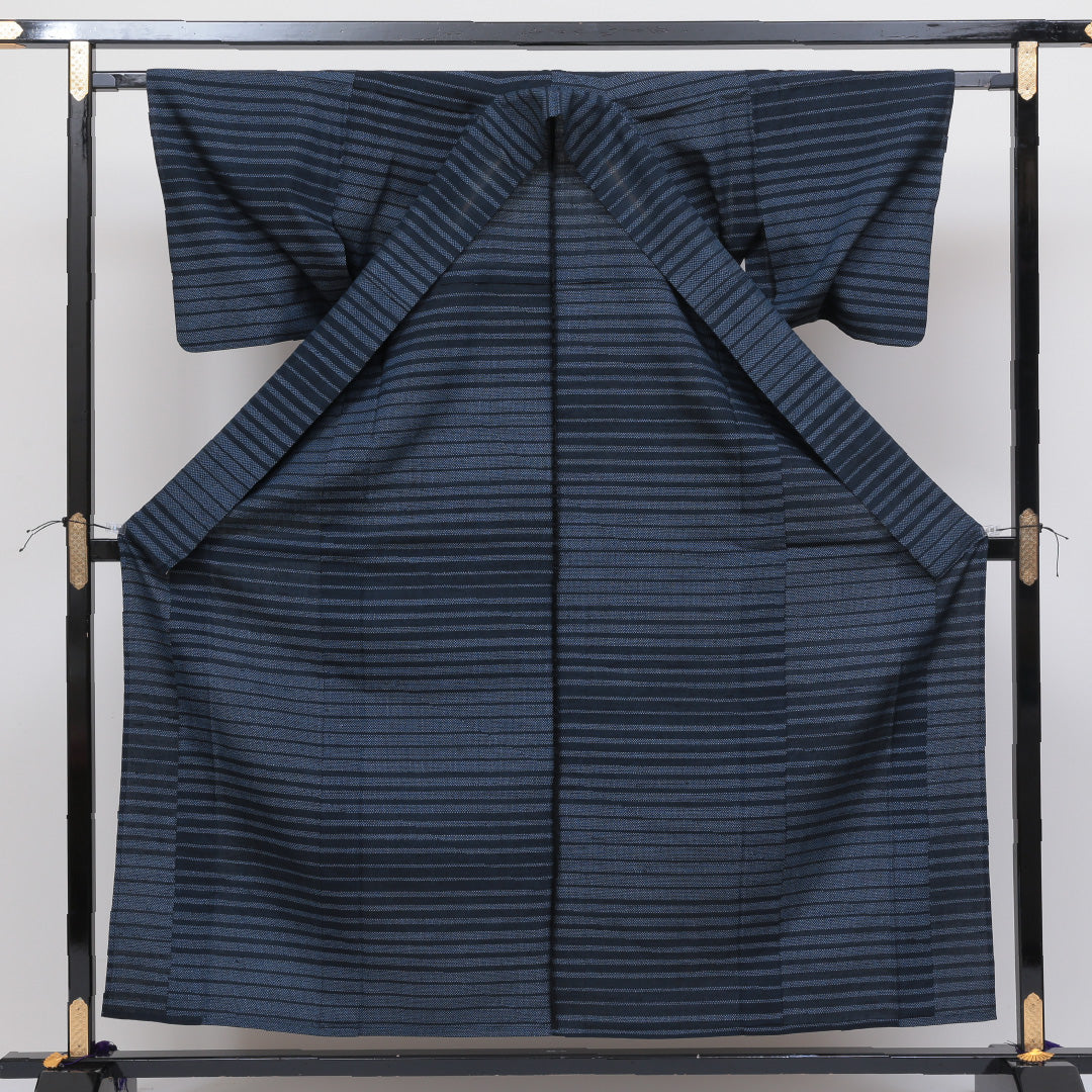 紬 単衣 身丈156cm 裄63cm 正絹 青系 Bランク 1216-00078