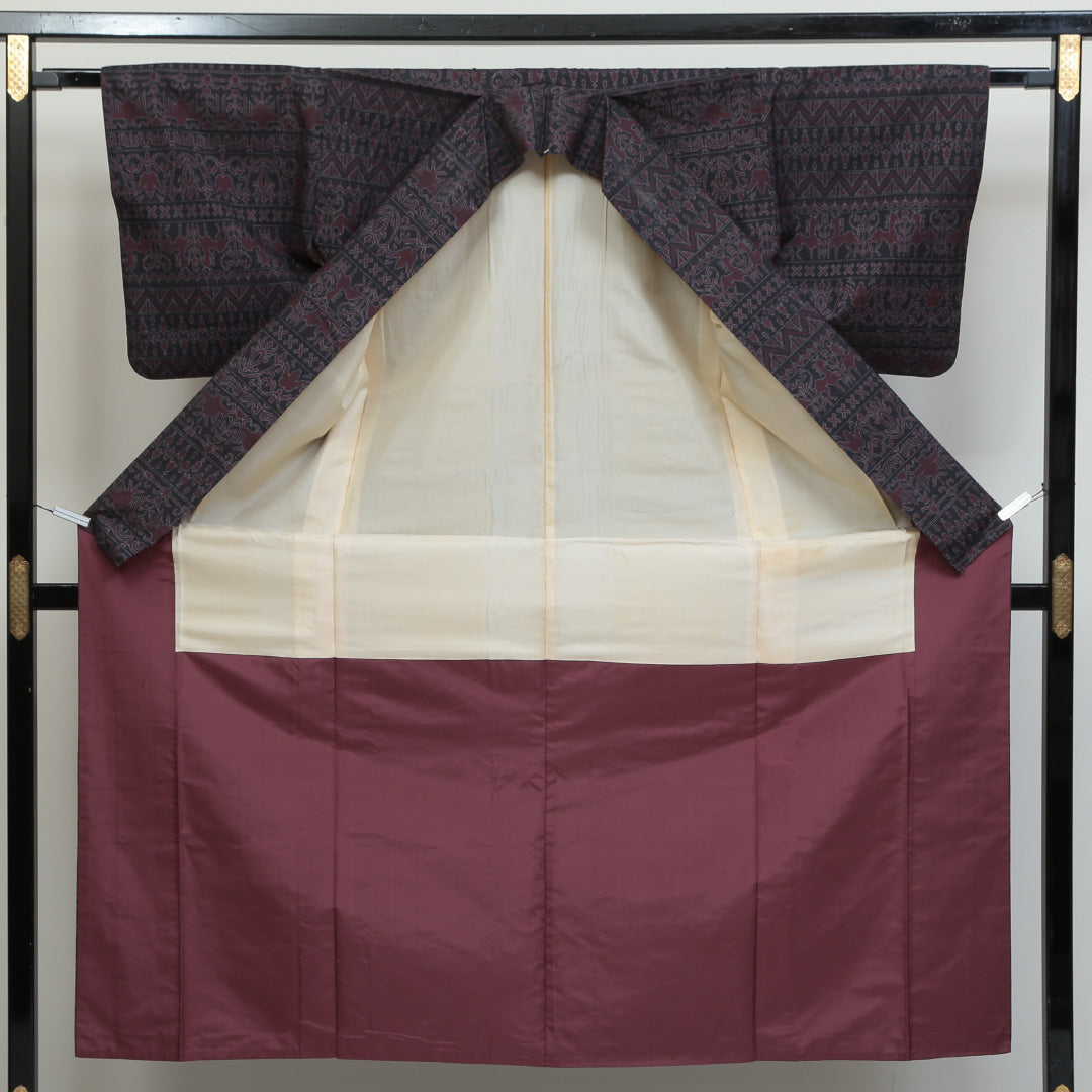 紬 袷 身丈158cm 裄丈63cm 正絹 Aランク カジュアル 広衿 Mサイズ 樹下双獣文 茶系 RP 1223-02713