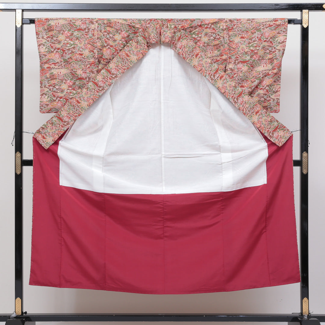 洗える着物 小紋 袷 身丈152cm 裄丈65cm ポリエステル Aランク インフォーマル 広衿 Sサイズ 茶屋辻 茶系 RP 1221-00362