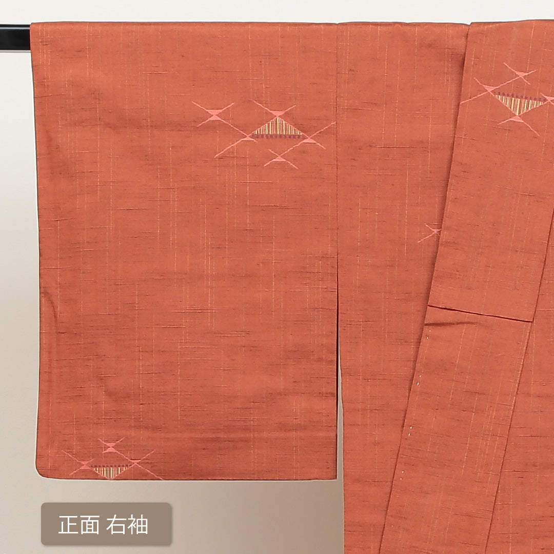 紬 単衣 身丈153cm 裄丈62cm 正絹 Aランク カジュアル 広衿 Sサイズ 創作柄 朱系 HP 1223-02784
