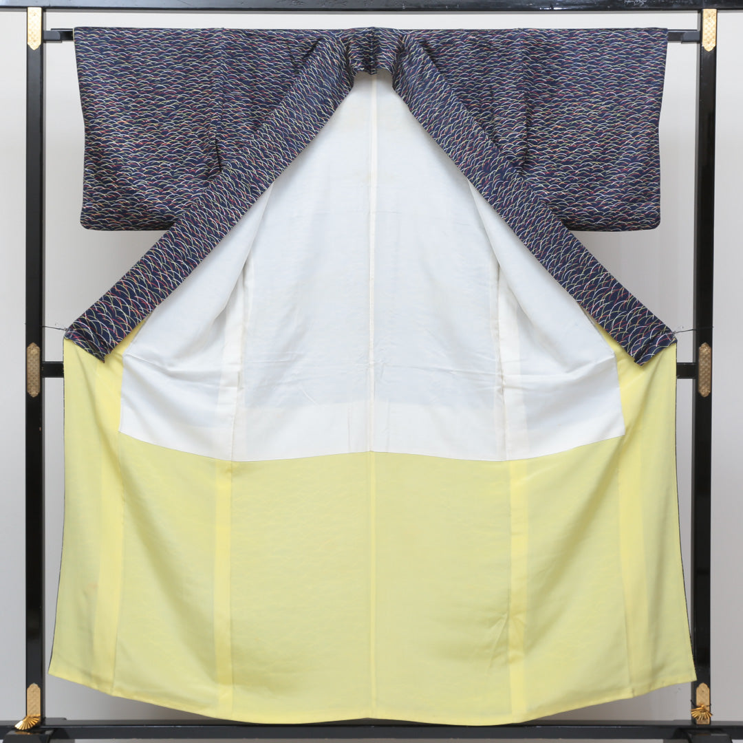 小紋 袷 身丈152cm 裄丈65cm 正絹 Aランク インフォーマル 広衿 Sサイズ 芝草 紺系 RP 1221-00541
