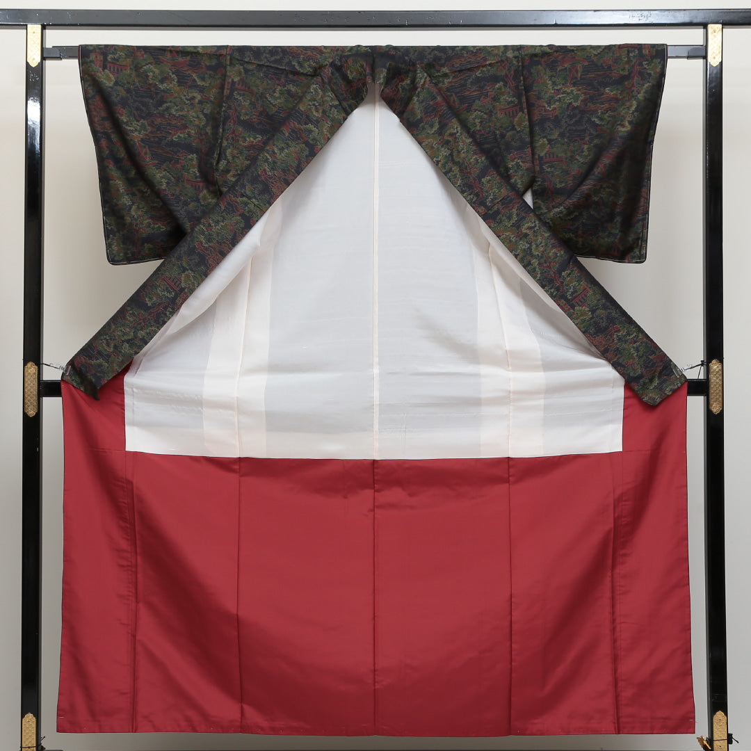 紬 袷 身丈156cm 裄丈64cm 正絹 Aランク カジュアル 広衿 Mサイズ しつけ糸 風景柄 植物柄 緑系 HP 1223-02651