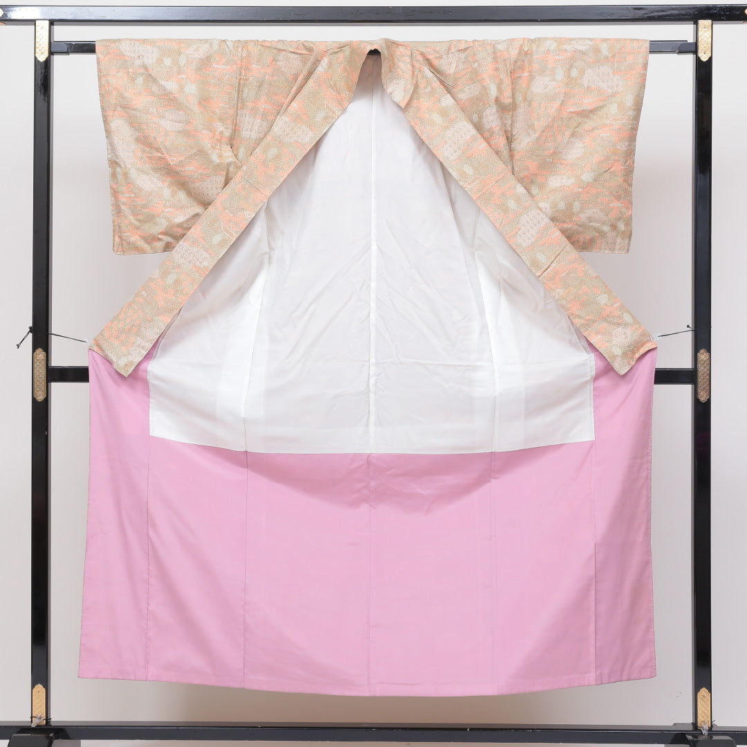 紬 袷 身丈150cm 裄丈62cm 正絹 Bランク カジュアル 広衿 Sサイズ 創作柄 朱系 HP 1223-02573