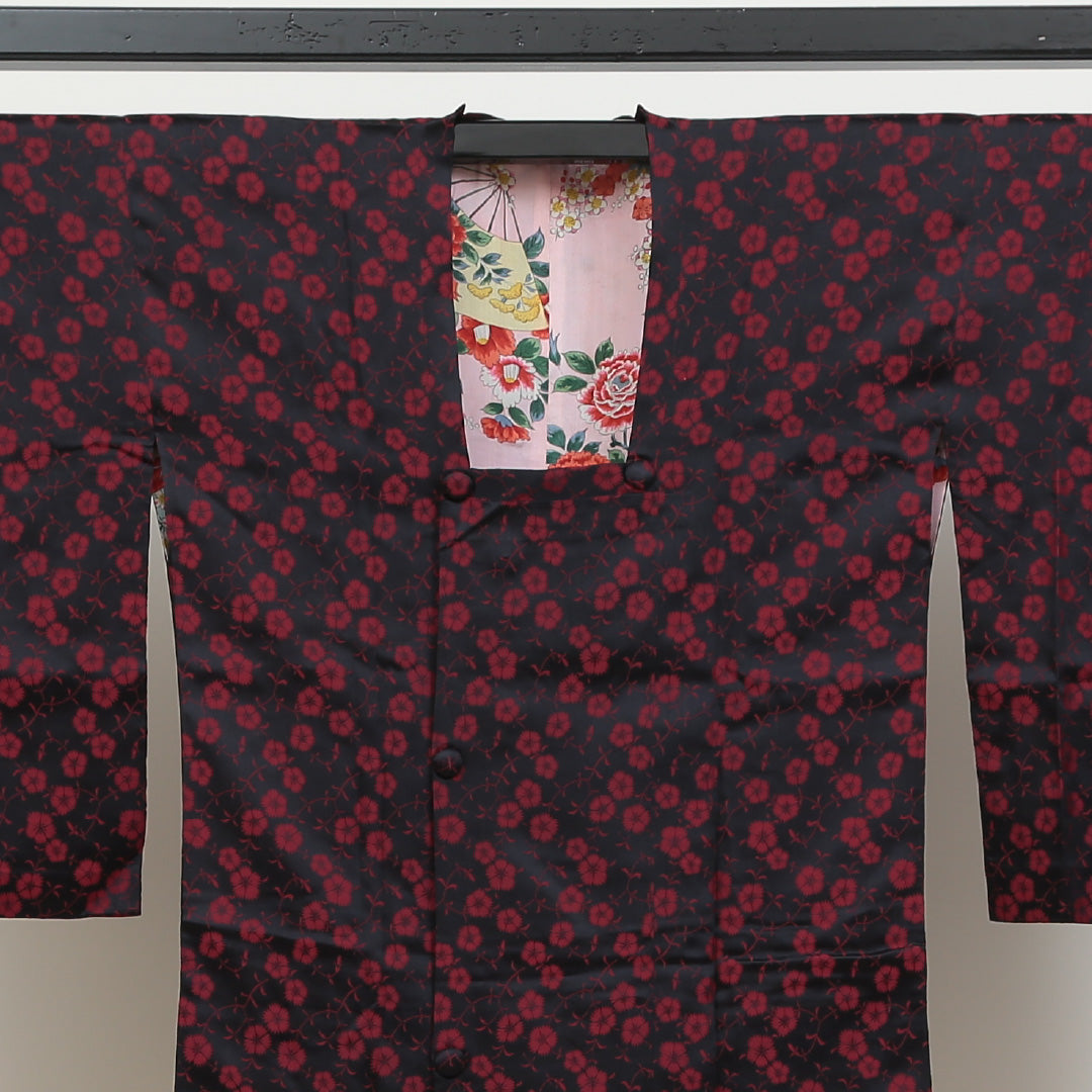 道行コート 洗える着物 袷 身丈116cm 裄丈64cm ポリエステル Sランク Mサイズ カジュアル 撫子 黒系 赤系 1263-05536