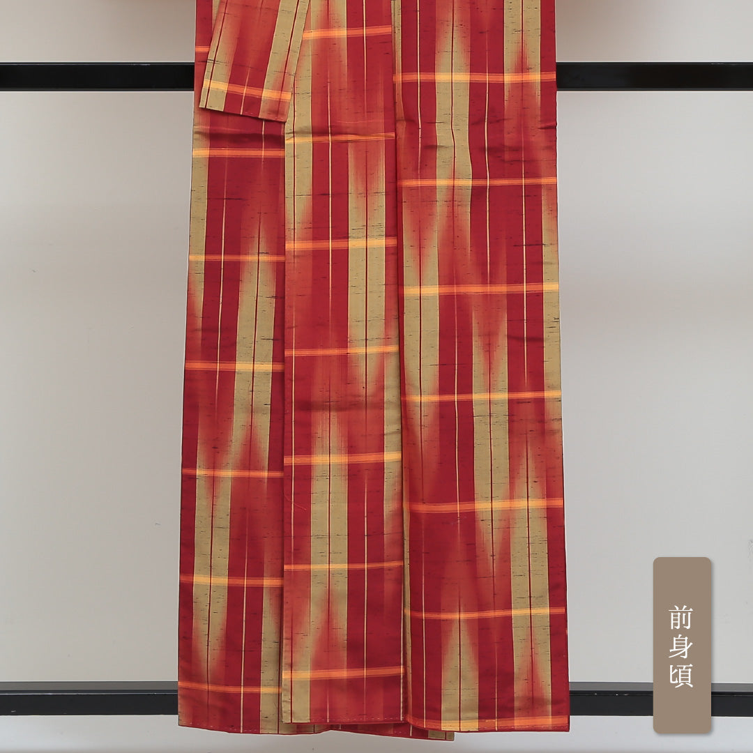 アンサンブル 紬 袷 身丈156cm 裄丈62cm 正絹 Sランク カジュアル 広衿 Mサイズ 矢絣 朱系 RP 1223-02767