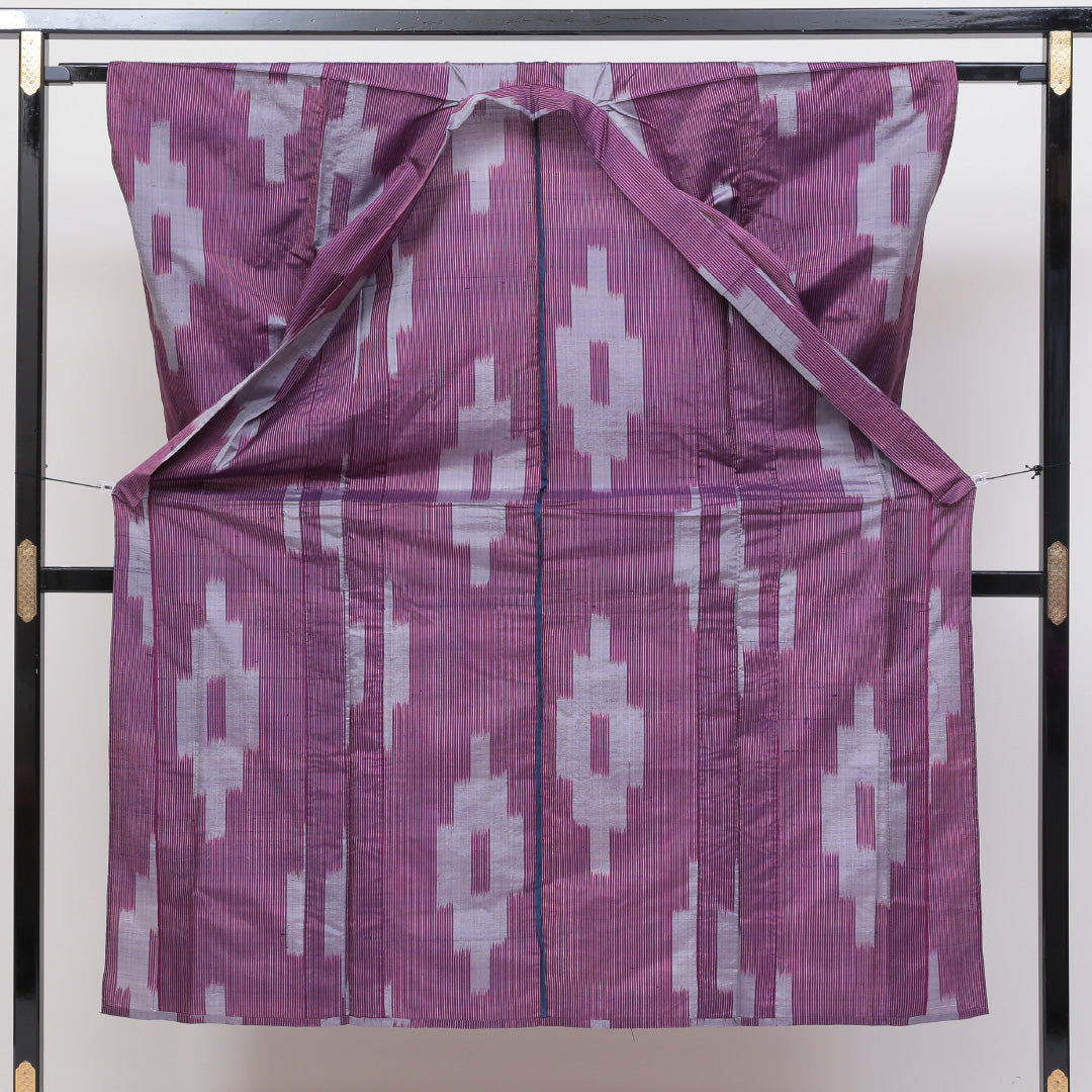 紬 単衣 身丈148cm 裄丈62cm 正絹 Cランク カジュアル バチ衿 XSサイズ 十字絣 紫系 LP 1223-02568