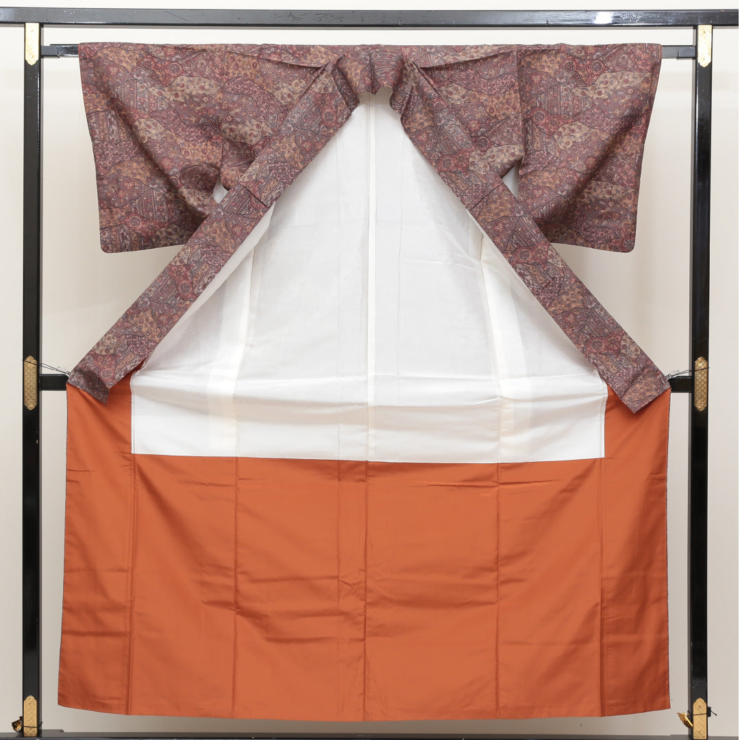 小紋 袷 身丈157cm 裄64.5cm 茶系 モダン 正絹 Sランク 1215006352314