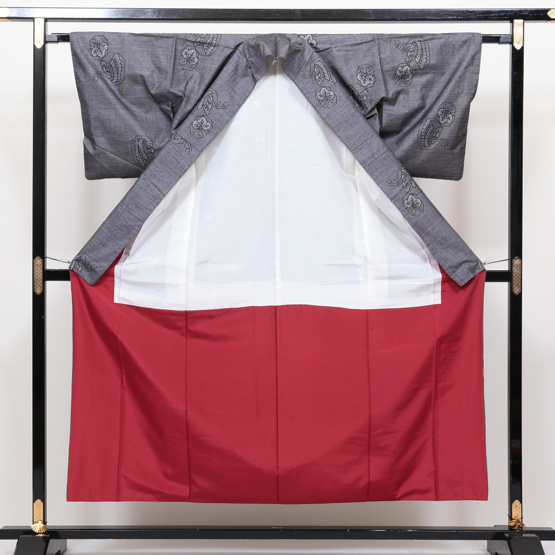 紬 袷 身丈150cm 裄丈63cm グレー系 正絹 優品 桐と蝶 1216322200104
