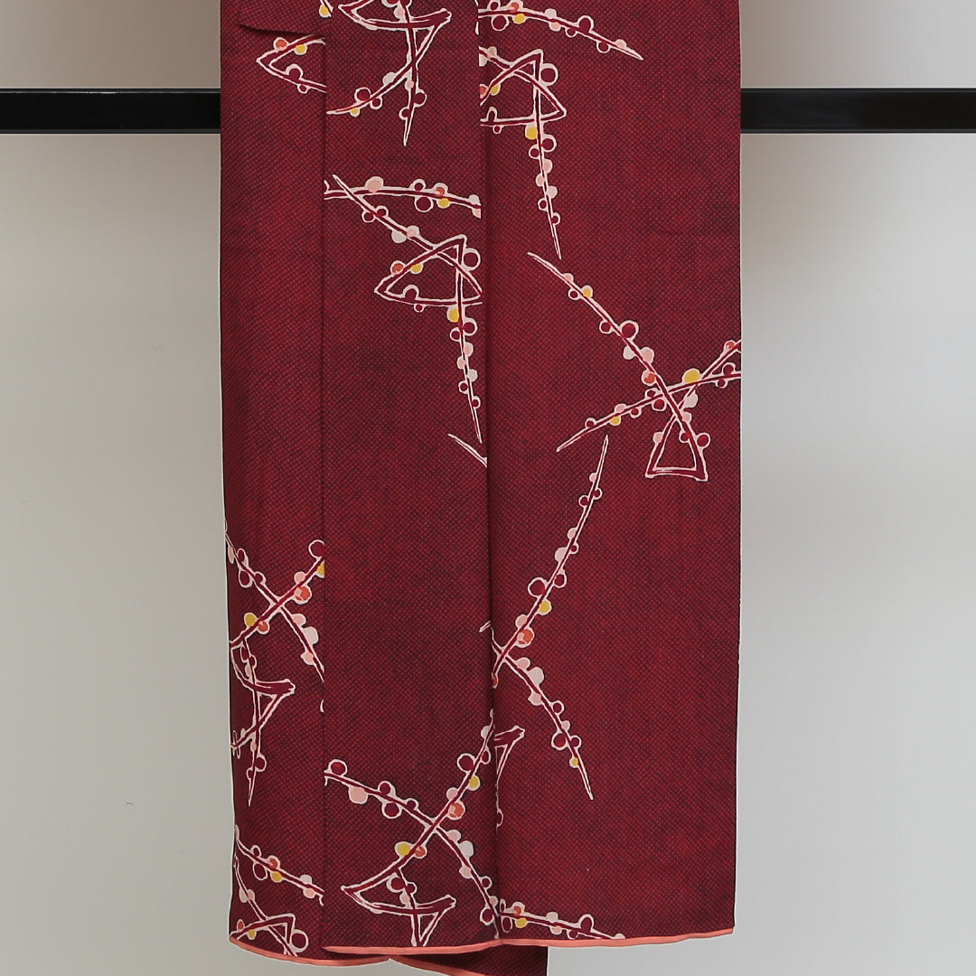 アンティーク 小紋 (錦紗) 袷 身丈142cm 裄丈62cm 正絹 Aランク バチ衿 XSサイズ 琳派 柳 赤系 RP 1221-00886