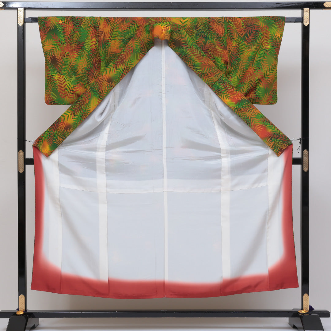 小紋 袷 身丈150cm 裄丈64cm 正絹 Sランク インフォーマル 広衿 Sサイズ 植物柄 緑系 RP 1221-00238