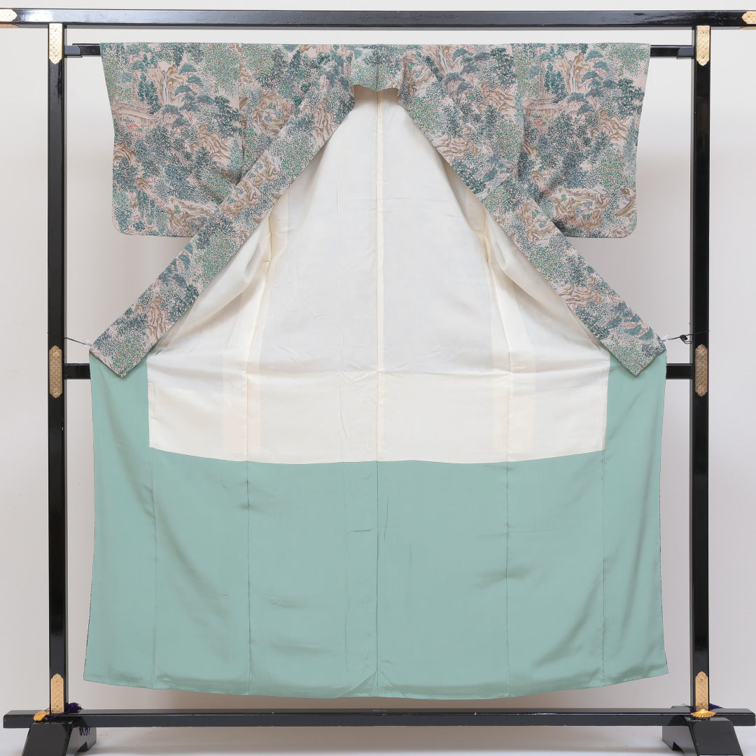 小紋 袷 身丈153cm 裄丈62cm 正絹 Sランク インフォーマル 広衿 Sサイズ 風景柄 緑系 RP 1221-00225