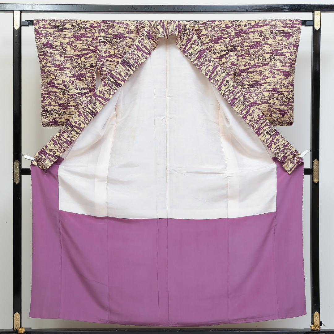 小紋 袷 身丈154cm 裄丈66cm 正絹 Sランク インフォーマル 広衿 Sサイズ 楼閣 紫系 RP 1221-00835