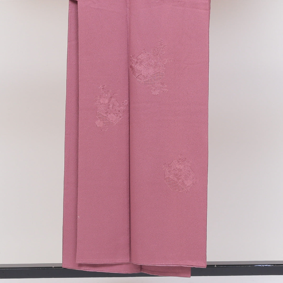 訪問着 袷 身丈150cm 裄丈64cm 正絹 Aランク セミフォーマル 広衿 Sサイズ 汕頭刺繍 花籠 紫系 RP 1217-04079