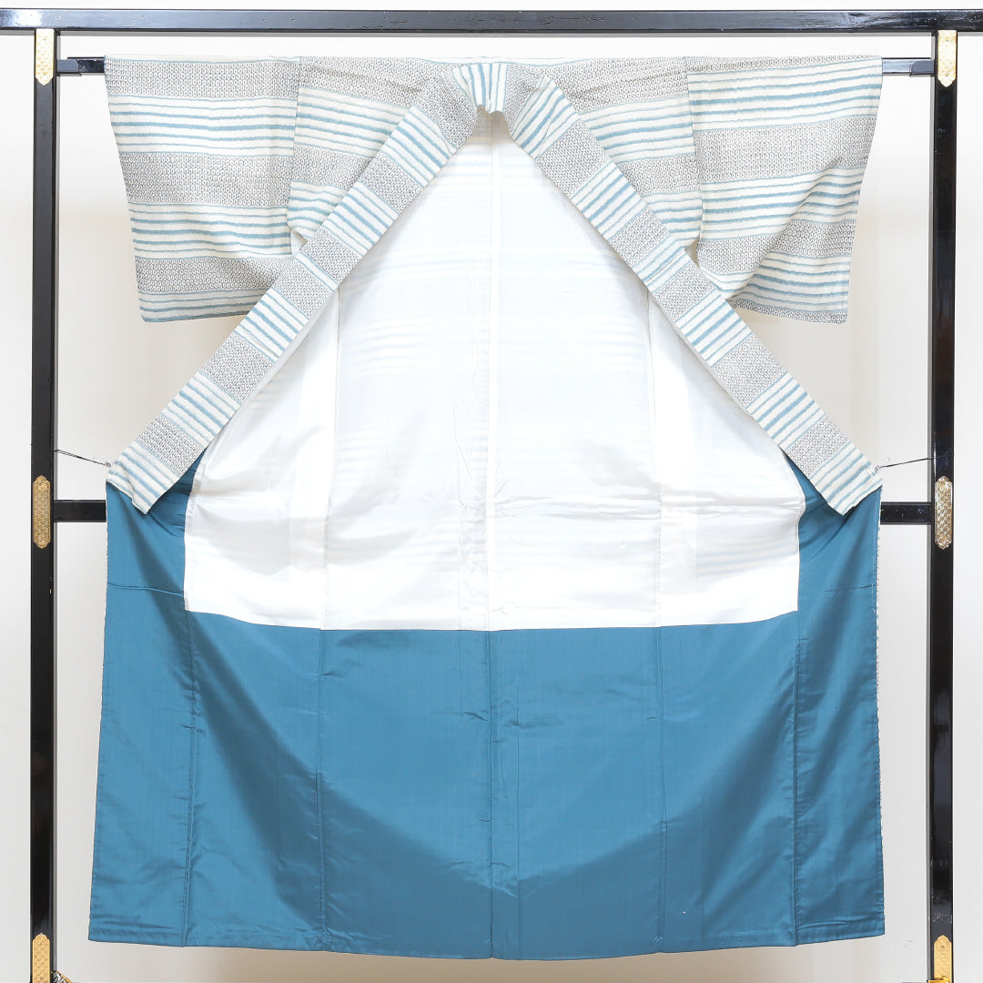 小紋 袷 身丈153cm 裄丈63cm 正絹 Sランク インフォーマル 広衿 Sサイズ 縞 亀甲 グレー系 RP 1221-00471